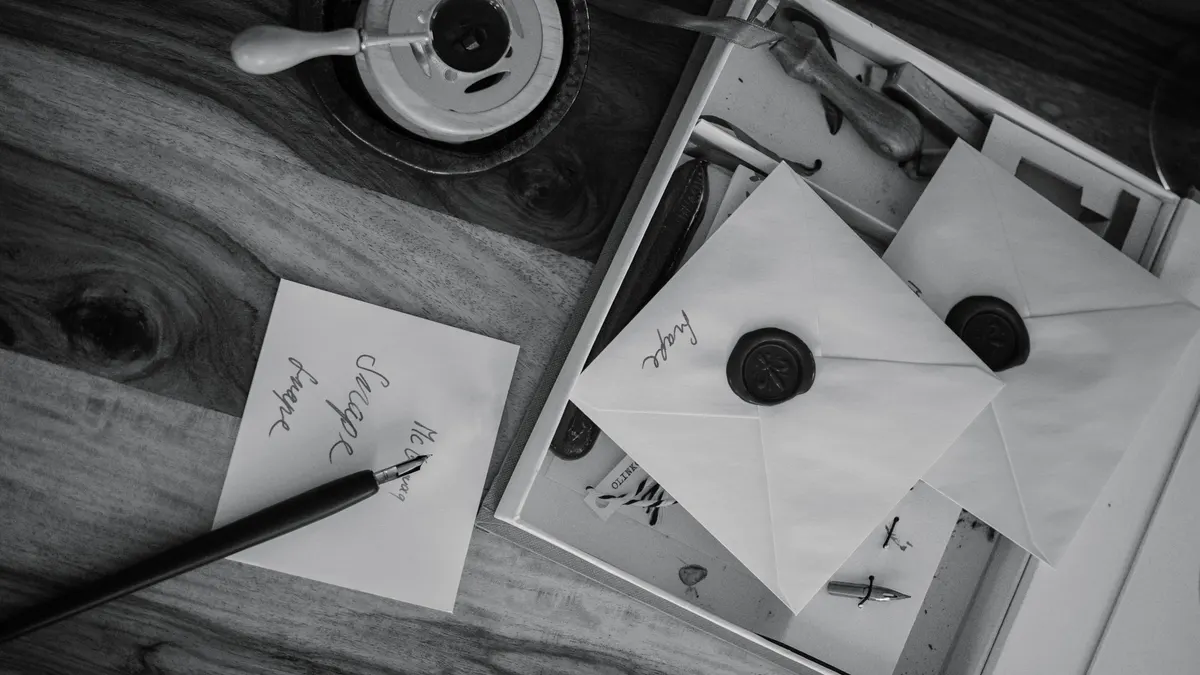 Photo en noir et blanc d'enveloppes anciennes avec sceaux de cire et outils de calligraphie sur un bureau en bois.